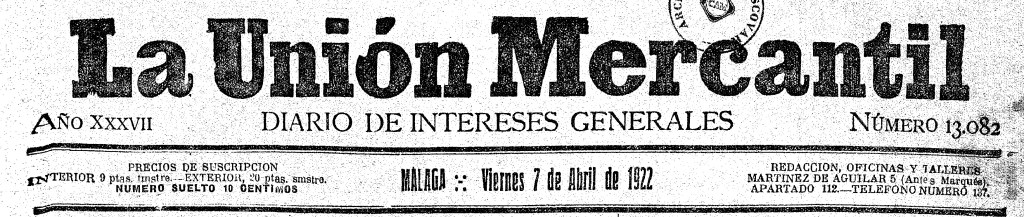 Cabecera de La Unión Mercantil donde se recoge la localización de los talleres, redacción y oficinas en c/. Marqués 5.
