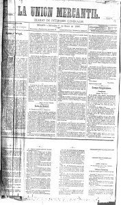 Primera página del diario La Unión Mercantil del 6 de enero de 1886. (Archivo Díaz de Escovar)